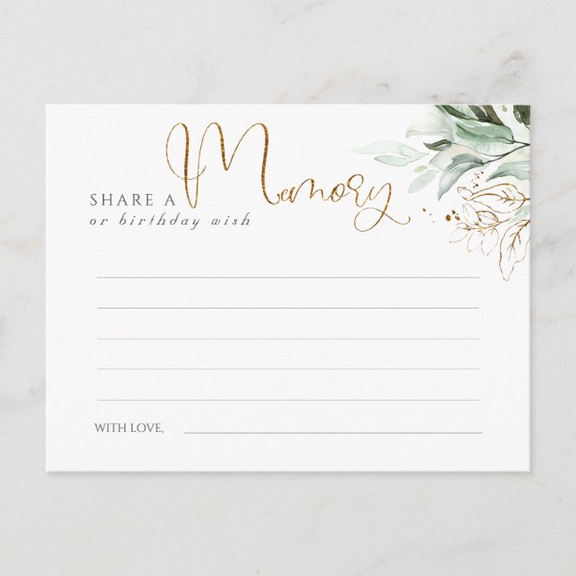 Share a Memory or Birthday Wish Gold and Greenery Postcard (Front)