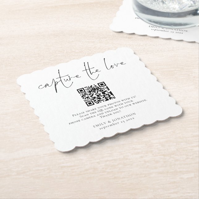 Share Photo QR Code Capture the Love Wedding Paper Coaster (Angled)