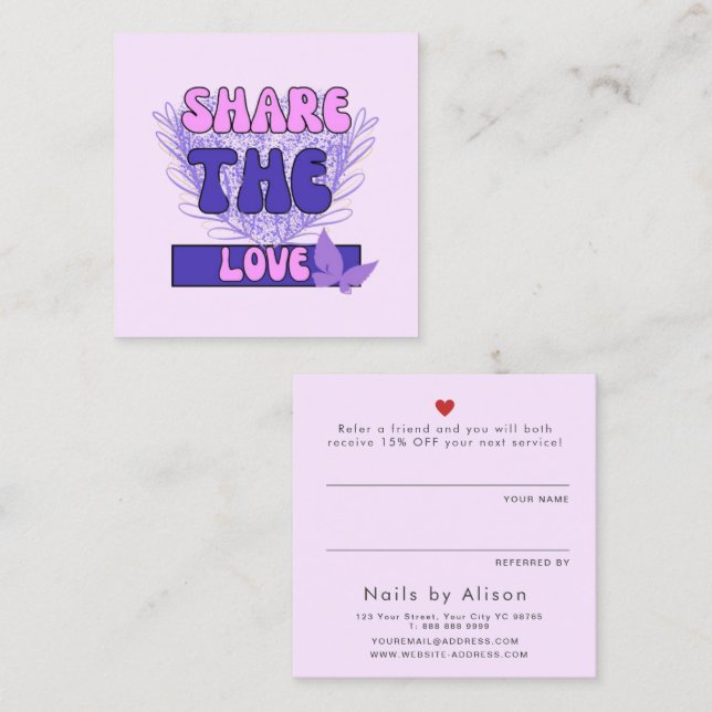 Share the love pink purple modern typography  referral card (Front/Back)