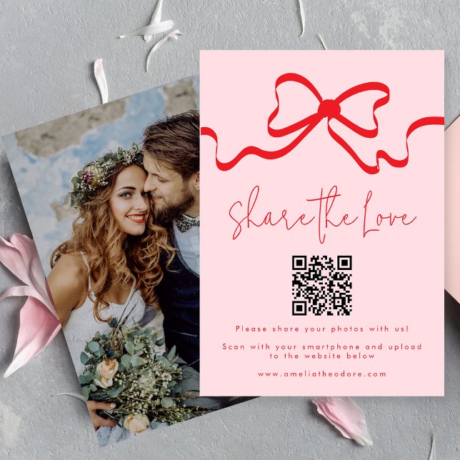 Share the Love Red Bow Wedding Photo Share QR Code Enclosure Card (Creator Uploaded)