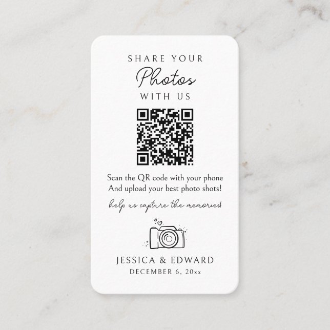 Share Your Photos Memorable Qr Code Simple Wedding Place Card (Front)