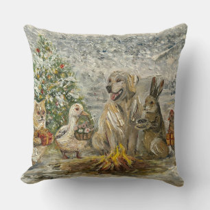 Shared Warmth Whimsical Farmhouse Animals Campfire Throw Pillow