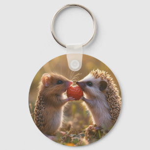 Sharing a Strawberry - Adorable Hedgehog and Mouse Keychain