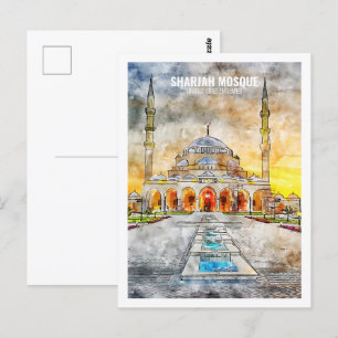 Sharjah Mosque UAE Famous Travel Watercolor Sketch Postcard
