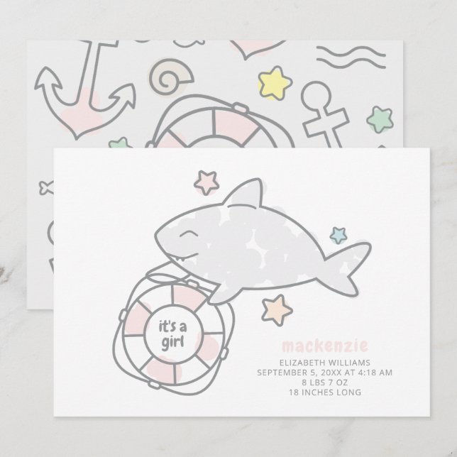 Shark Ahoy Baby Girl Birth Announcement (Front/Back)