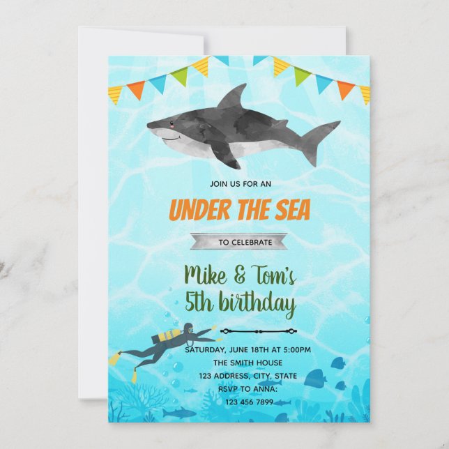 Shark and scuba birthday invitation (Front)