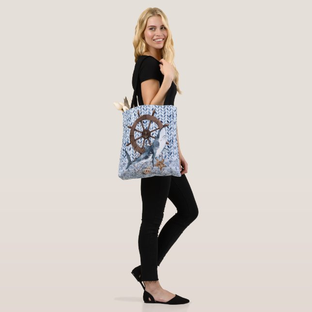 Shark and ship's steering wheel tote bag (On Model)