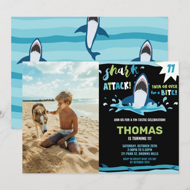 Shark Attack Birthday Party Shark Boys Pool Photo Invitation (Front/Back)