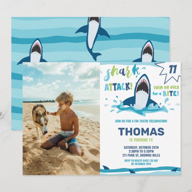 Shark Attack Birthday Party Shark Boys Pool Photo Invitation (Front/Back)