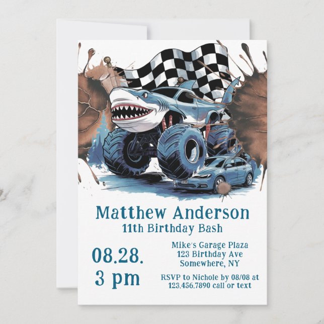Shark Attack Monster Truck Birthday Bash Invitation (Front)
