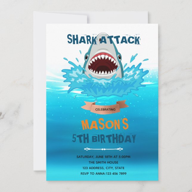 Shark attack pool birthday party invitation (Front)