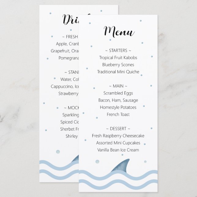 Shark Baby Shower Menu with Shark Fin & Bubbles (Front/Back)