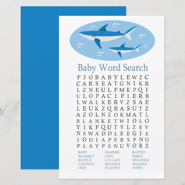 Shark Baby Shower Word Search Game (Front/Back)