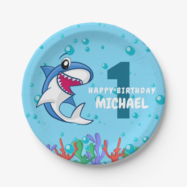 Shark Birthday First Bday Ocean Kids Paper Plate (Front)