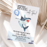 Shark Birthday invitation - Dive into FIVE<br><div class="desc">A fun Shark theme featuring a watercolor shark sporting a glittery party hat and holding a balloon with his age. Cute fun and modern.</div>