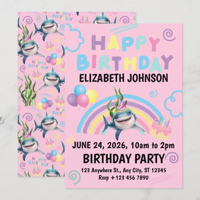 Shark Birthday Party Invitation in Pink (Front/Back)