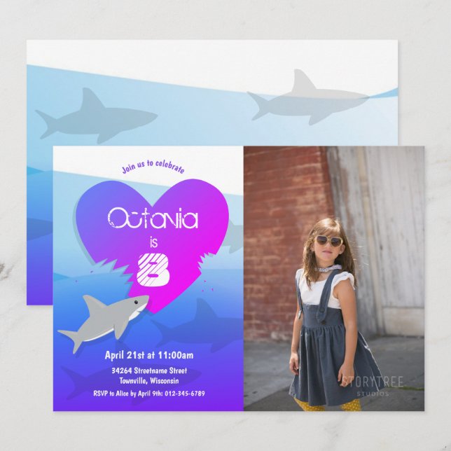 Shark Birthday Party Photo Purple Blue Invitation (Front/Back)