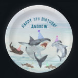 Shark Birthday Pool Party Paper Plates<br><div class="desc">Enjoy birthday cake and ice cream with all your favorite sharks! This paper plates design features a school of festive birthday sharks all wearing fun party hats! Easily edit with your birthday party information. 

See the entire collection for more matching items!</div>