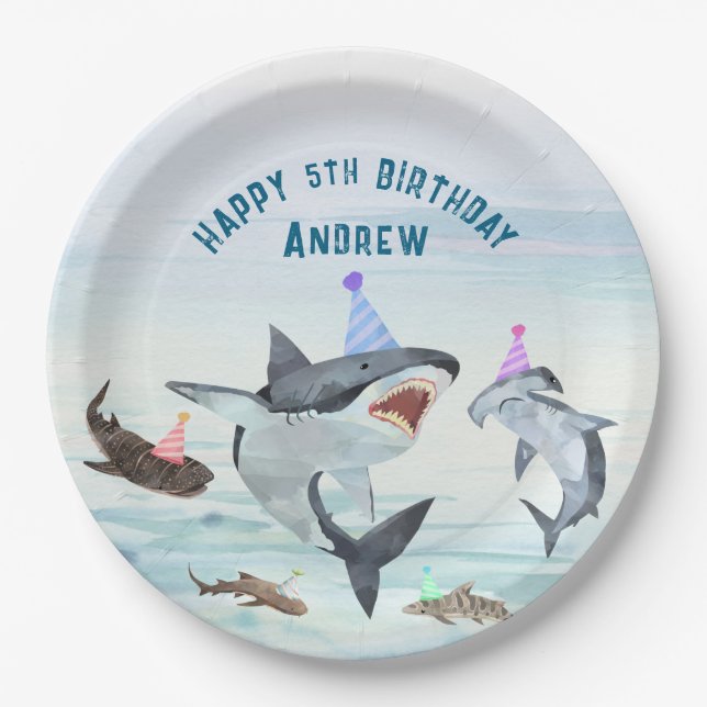 Shark Birthday Pool Party Paper Plates (Front)