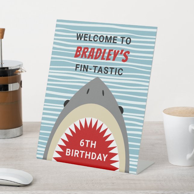 Shark Bite Any Age Birthday Party Welcome Pedestal Sign (In SItu)