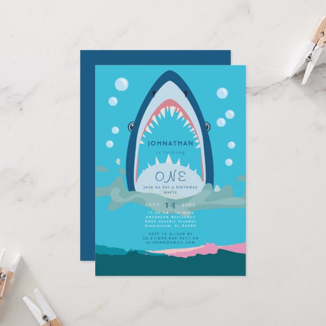 Shark Bite Birthday Party Invitation (Front/Back In Situ)