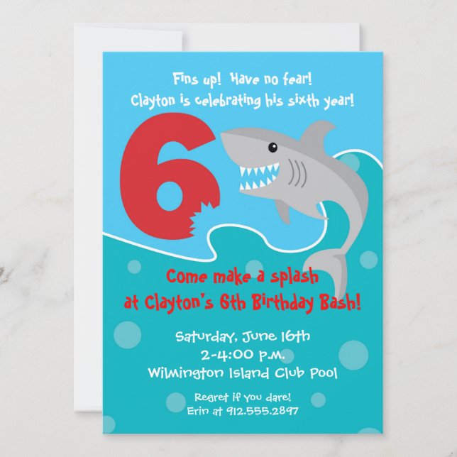 Shark Bite Invite- 6th Birthday Party Invitation (Front)