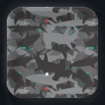 Shark Black & Teal Camouflage Pattern Paper Plate<br><div class="desc">Add a "bite" of fun to your party these cool (yet scary!) shark camouflage pattern paper plates. The black, gray and teal colouring gives the print a fun and fresh underwater feel. But beware of that pop of red added in for extra scare! Matching items can be found in our...</div>