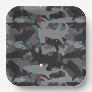 Shark Black & Teal Camouflage Pattern Paper Plate