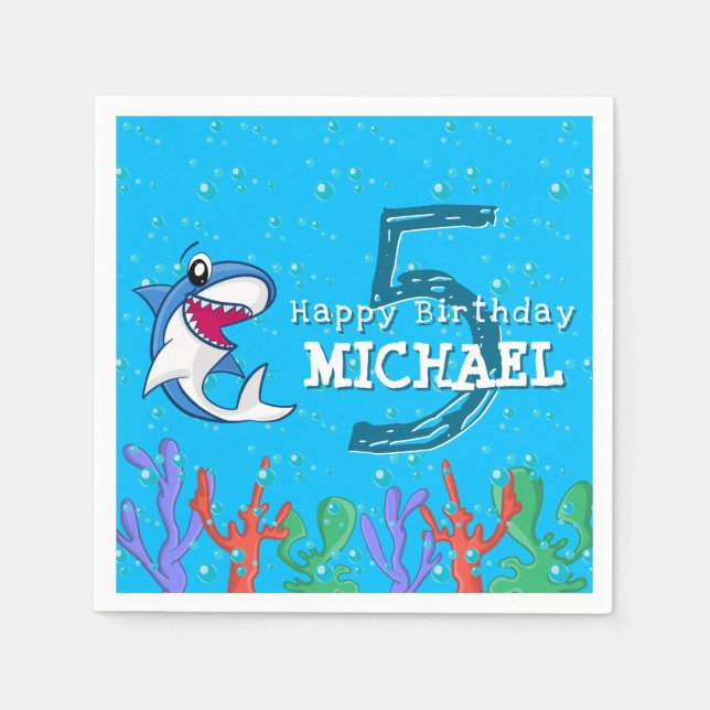 Shark Blue Ocean Kids Any Age Birthday Napkin (Front)