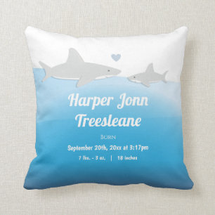 Shark Blue White Name Baby Birth Stats Throw Pillow