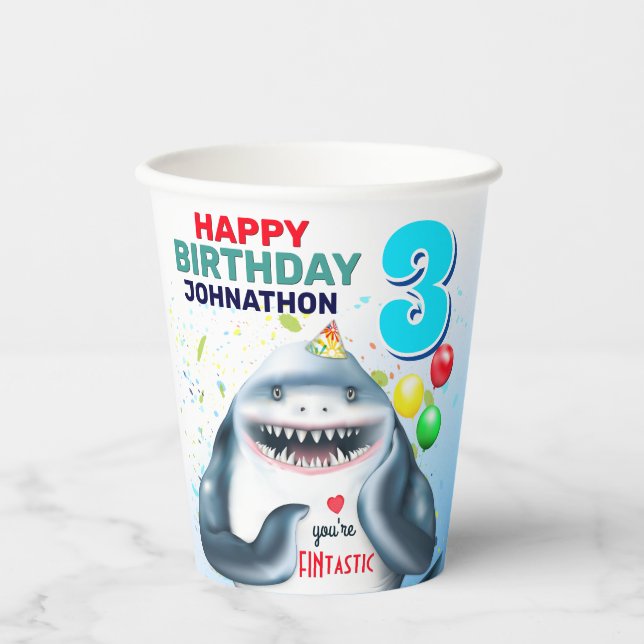 Shark Blushing Kids Birthday Paper Cups (Front)
