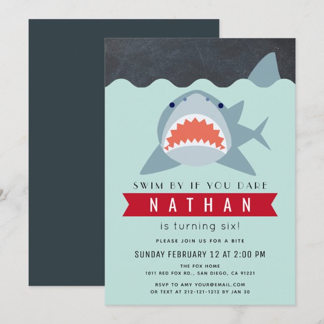 Shark Boy Navy Blue Pool Birthday Invitation (Front/Back)