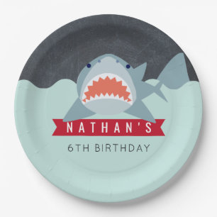 Shark Boy Navy Blue Pool Birthday Paper Plate