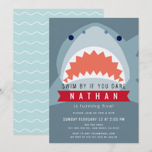 Shark Boy Slate Blue Pool Birthday Invitation