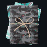 Shark Camouflage Patterned Wrapping Paper Set of 3<br><div class="desc">Add a "bite" of fun to your gift with this cool (yet scary!) shark camouflage patterned wrapping paper set. The black, gray and teal colouring gives the overall look and style a fun and fresh underwater feel. But beware of that pop of red added in for extra scare! Matching items...</div>
