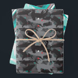 Shark Camouflage Patterned Wrapping Paper Set of 3<br><div class="desc">Add a "bite" of fun to your gift with this cool (yet scary!) shark camouflage patterned wrapping paper set. The black, gray and teal colouring gives the overall look and style a fun and fresh underwater feel. But beware of that pop of red added in for extra scare! Matching items...</div>