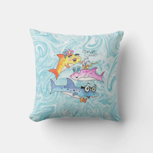 Shark Cartoon Family Mom Dad Baby Girl  Throw Pillow
