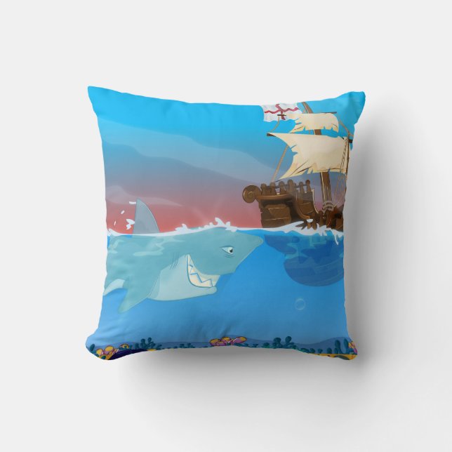 "Shark Chasing Sail Ship" Shark "funny shark" "car Throw Pillow (Front)