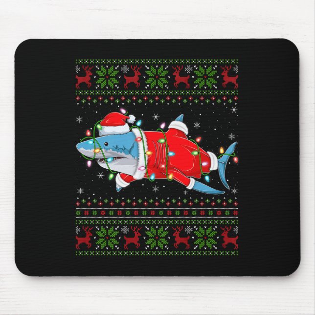 Shark Christmas Lights Santa Costume Ugly Xmas Swe Mouse Pad (Front)
