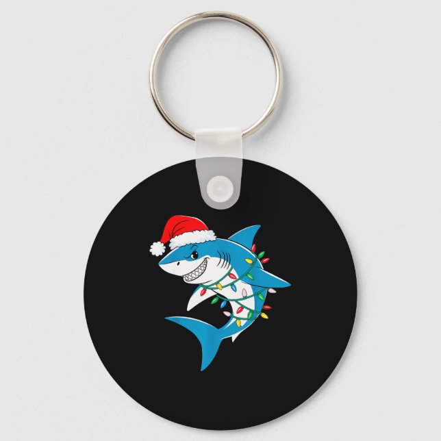 Shark Christmas Lights Santa Hat Xmas Pajama Boys  Keychain (Front)