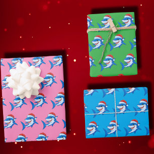 Shark Christmas Santa Hat Gift Ocean Wrapping Paper Sheet