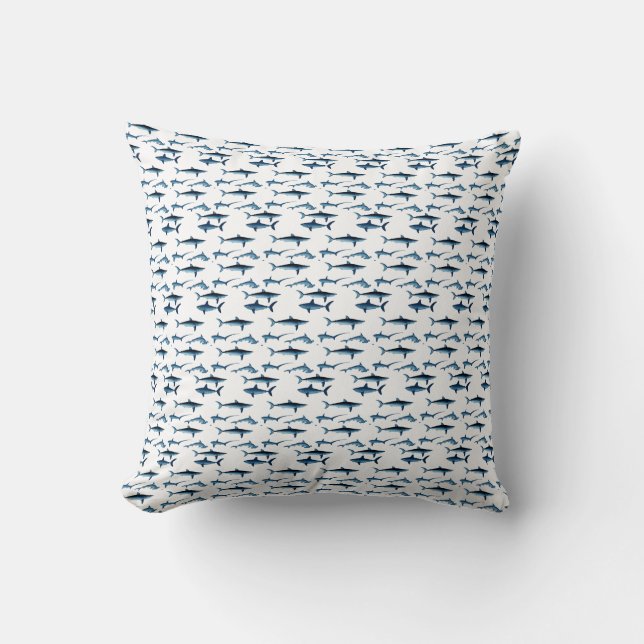 Shark Coastal Theme Blue Decoupage Tissue Paper Throw Pillow (Front)