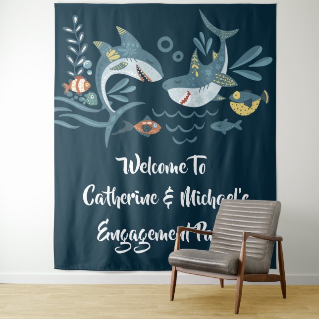 Shark couple beach theme engagement party tapestry (In Situ)
