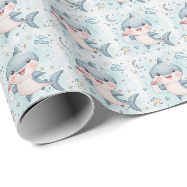 Shark Cute Baby Pastel Watercolor Pattern  Wrapping Paper (Roll Corner)