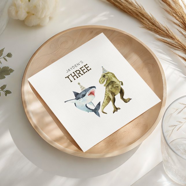 Shark & Dino 3rd Birthday, T-rex Shark Party  Napkin (Creator Uploaded)