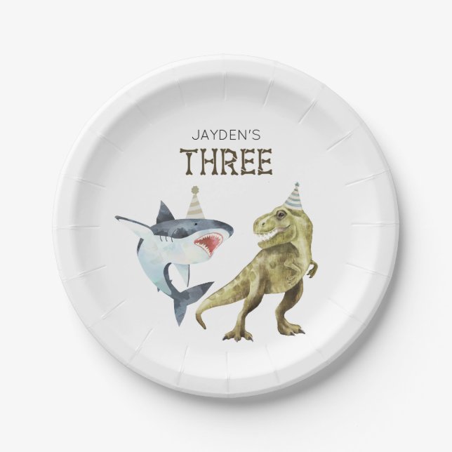 Shark & Dino 3rd Birthday, T-rex Shark Party  Paper Plate (Front)