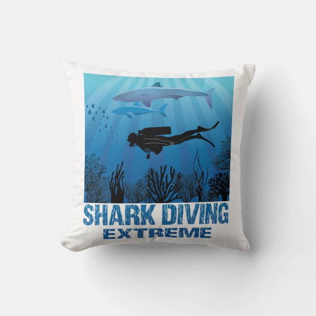 Shark Diving Extreme Scuba Diver Throw Pillow (Front)
