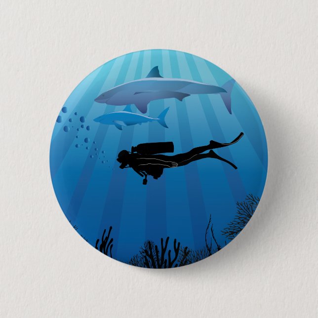 Shark Diving Scuba Diver 2 Inch Round Button (Front)