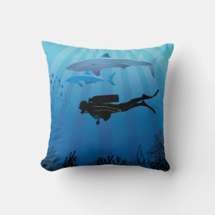 Shark Diving Scuba Diver Throw Pillow