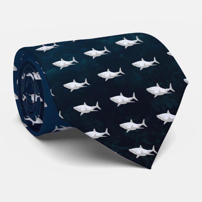 Shark Drawing of White & Grey Ocean Tiled Necktie (Rolled)
